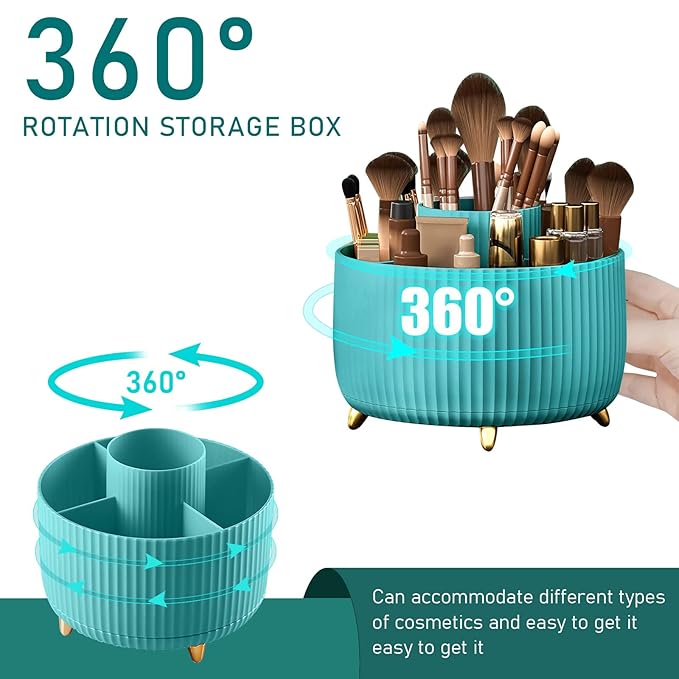 Diesisa 360 Rotating Makeup Brush Organizer With 5 Sections, Spinning Countertop Swivel Makeup Brush Holder for Cosmetics, Nail Polish, Art Supply, Bathroom Vanity Desktop Organizer - Blue