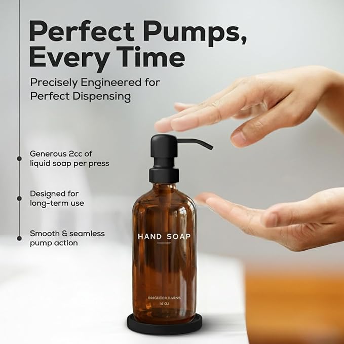 Amber Glass Hand Soap Dispenser Bathroom Set by Brighter Barns - Refillable Liquid Hand Soap Dispenser Tray and Pump Set for Kitchen - Modern Bathroom Decor & Accessories for Airbnb, RV, Hotel (Amber)