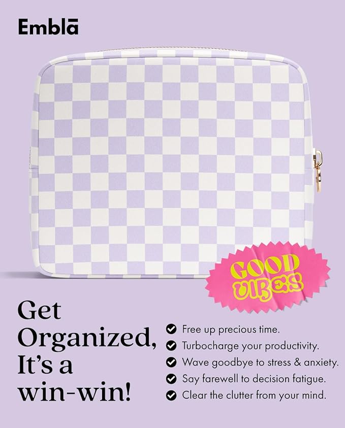 Embla Makeup Bag Travel Cosmetics Pouch and Toiletry Bag, Nylon Zipper Pouch Purse, Cute Make Up Organizer Storage Tote for Women Girls, Travel Skincare Case, Large Makeup Case, Dusty Rose Checkered