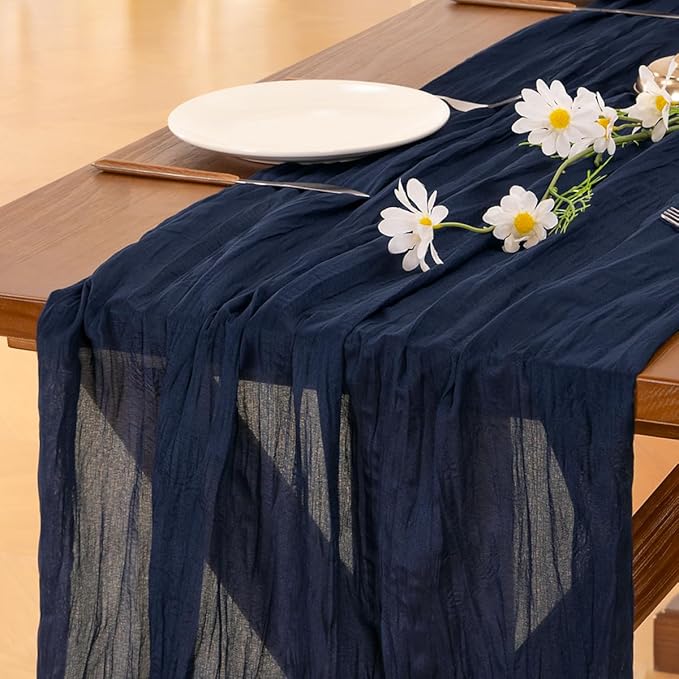 Socomi 6pcs Navy Blue Summer Cheesecloth Table Runner Boho Rustic Gauze 120 inch 10FT Cheese Cloth Sheer Runner for Wedding Party Baby Shower Birthday Home Decor Holiday Decorations