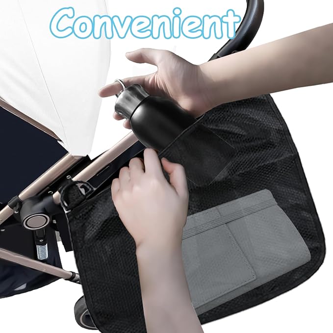 2 Pack Universal Side Sling Stroller Organizer with Mesh Cargo Net, Adjustable and Non-Slip Stroller Storage Bags, Portable Side Sling Stroller Cargo Net for Baby Accessories (Black)
