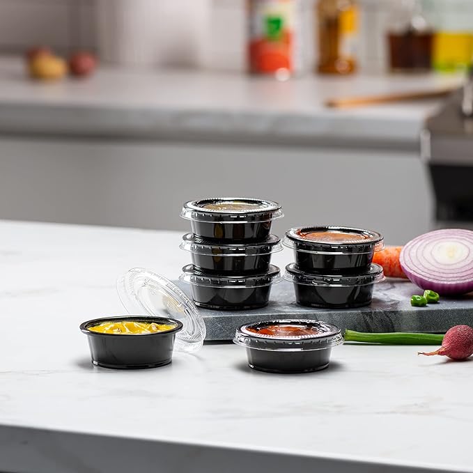 1.5 oz - 100 Sets Black Diposable Plastic Portion Cups With Lids, Small Mini Containers For Portion Controll, Jello Shots, Meal Prep, Sauce Cups, Slime, Condiments Disposable Souffle Cups