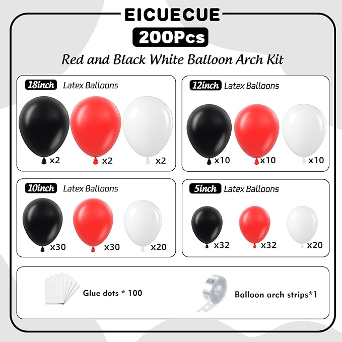 EICUECUE Red and Black White Balloons Garland Arch Kit 200Pcs - 5 10 12 18 inch Different Size Balloons for Graduation Birthday Anniversary Racing Car Poker Card Theme Party Decorations
