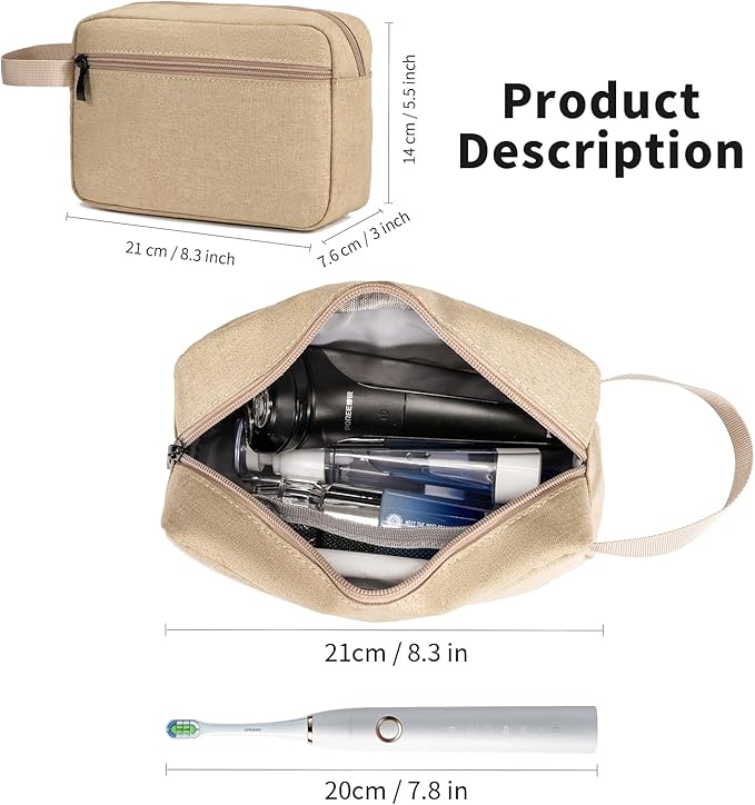 Travel Toiletry Bag, Small Cosmetic Bag, Hanging Water-Resistant Organizer for Men & Women, Ideal for Makeup, Shaving Kit, Gym Essentials & Travel Accessories (Khaki)