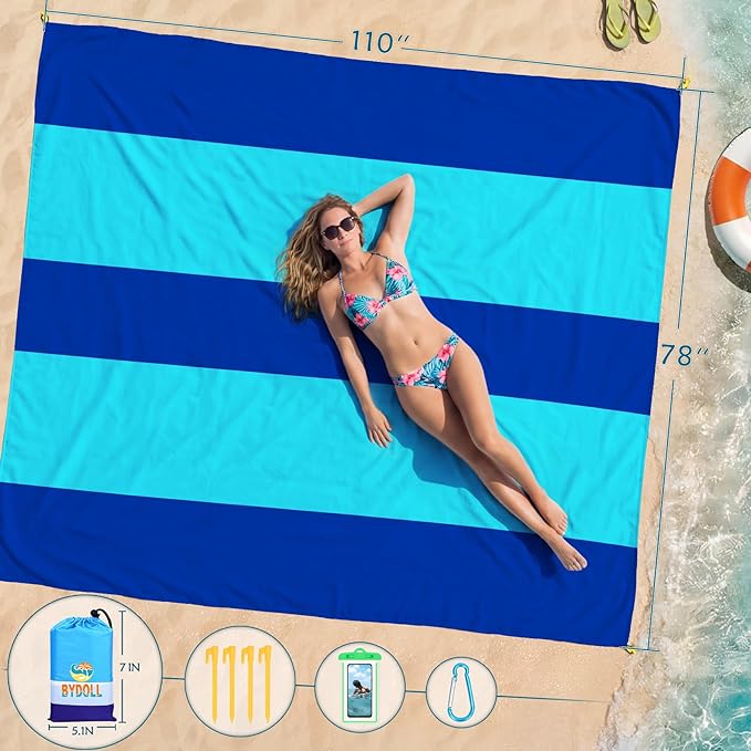 BYDOLL Beach Blanket Waterproof Sandproof Large Sand Free, 78''X110'' Oversized Sandless Lightweight Blanket Picnic Mat for Beach Travel Camping Hiking with Stakes