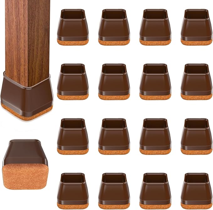 16Pcs Square Chair Leg Floor Protectors with Thickened Felt Pads Silicone Chair Leg Covers Caps to Protect Hardwood Tile Floors Furniture Feet Reduce Noise (Brown XS Fit 0.55"-0.75")