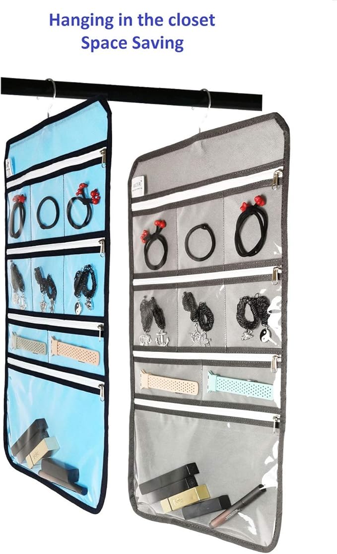 Travel Foldable Jewelry Rolls Bag Hanging Jewelry Organizer with 9 Zippered Clear Pockets Storage Pouch with Rotatable Hanger (BLUE)