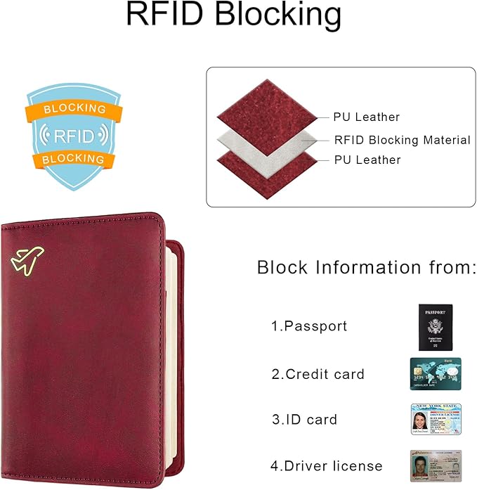 WALNEW Passport Holder for Travel, RFID Passport Cover Wallet for Women Men, PU Leather Passport Book Card Holder Case with Pen (Elastic Band Closure, C-Red)