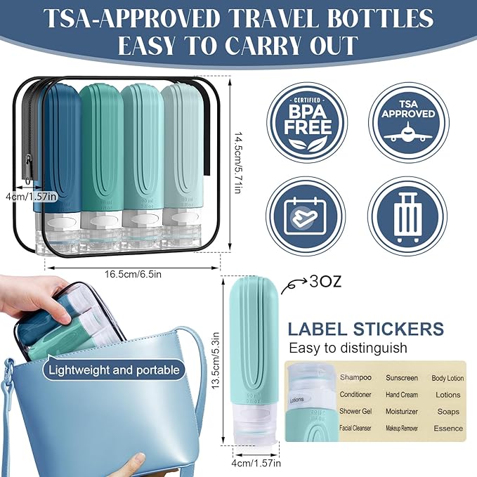 Travel Bottles for Toiletries, 3oz TSA Approved Travel Size Toiletries, Silicone Leak-Proof Refillable Containers, Squeezable Liquid Essentials Bottles W/Clear Bag (GREEN)