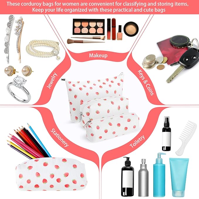 3 Pcs Makeup Bag Set for Women Corduroy Cosmetic Pouch Aesthetic Smile Travel Toiletry Bag Cute Purse Pouch Pencil Case Makeup Brushes Storage Organizer for Christmas (Beige,Strawberry)