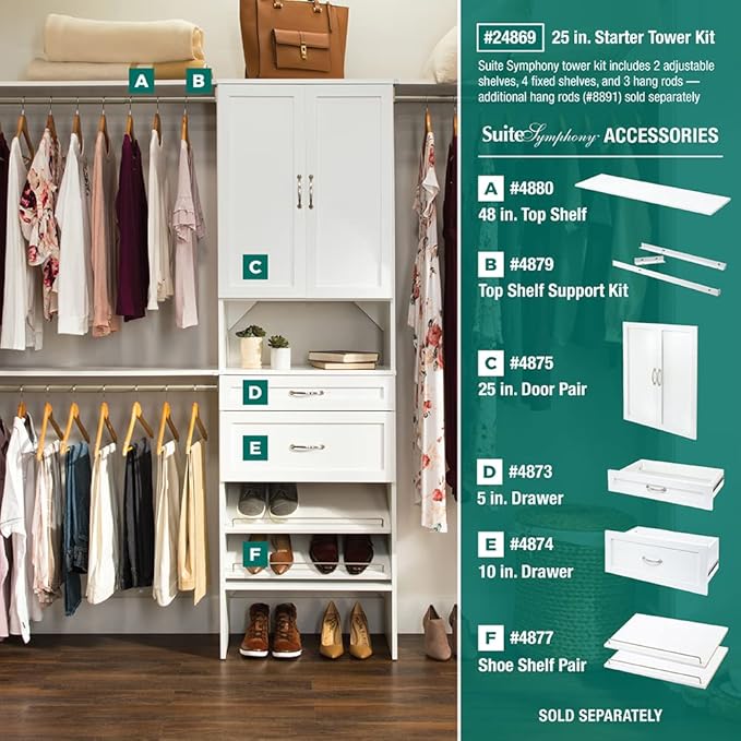 ClosetMaid SuiteSymphony Wood Closet Drawer, Add On Accessory, Shaker Style, For Storage, Closet, Clothes, 25” x 5” Size for 25 in. Units, Pure White