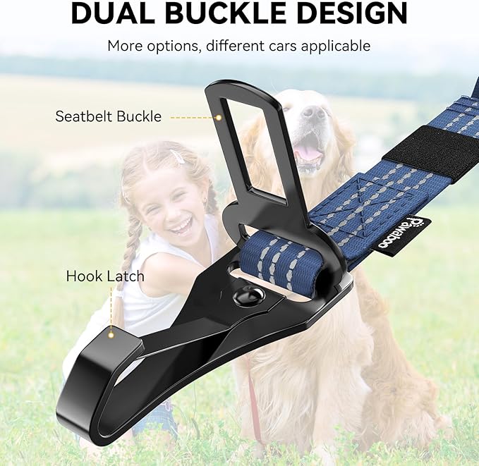 Pawaboo 2Pack Dog Seatbelt for Car, 3-in-1 Dog Car Seat Belt, Shockproof Dogs Tether with Buckle & Hook Latch, Adjustable Reflective Dogs Cars Harness Leash with 360° Lockable Buckle, Indigo/Black