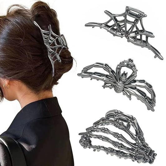 3 Pieces Large Metal Spider Net Hand Hair Claw Clips for Women and Girls Thick Long Hair, Nonslip Skeleton Spooky Barrette Headband Hair Styling Accessories for Halloween Christmas Gifts