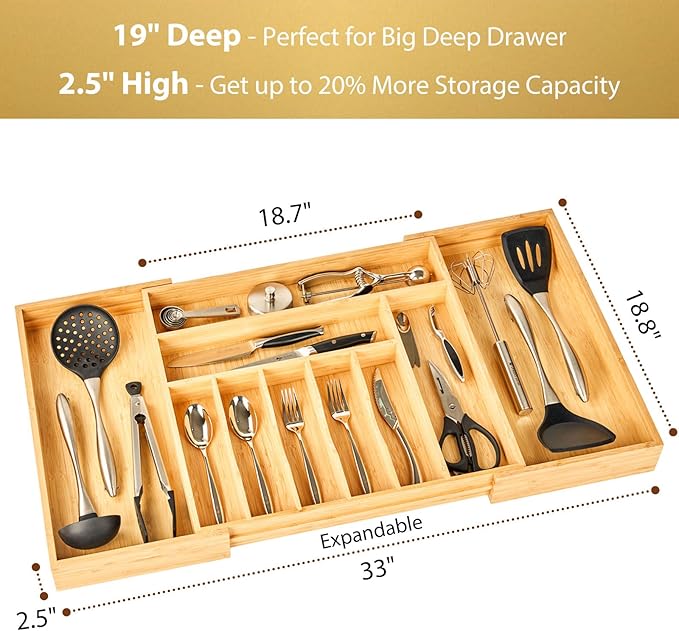 Umilife Extra Large Expandable Kitchen Silverware Utensils Drawer Organizer, 19" Deep for Big Drawer, Adjustable Bamboo Wood Drawer Divider with Curved Grooves, Cutlery Tray Flatware Holder