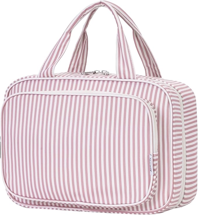 Narwey Striped Travel Toiletry Bag for Women Large Hanging Makeup Bag Organizer Toiletries Bag for Full Size Essentials Accessories Cosmetics (Dusty Pink Stripe (Large))