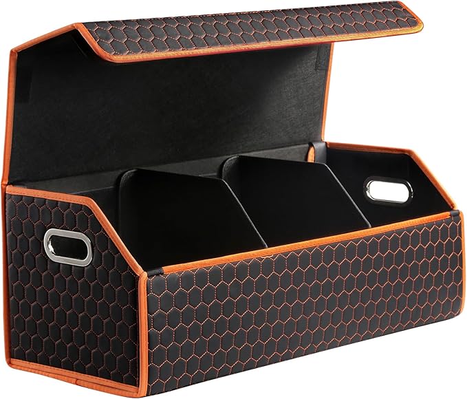 Fyzeoty Car Organizers and Storage - Trunk Organizer for SUV Car, Car Trunk Leather Storage Box, Extra Large, Magnetic Lid, Collapsible and Adjustable