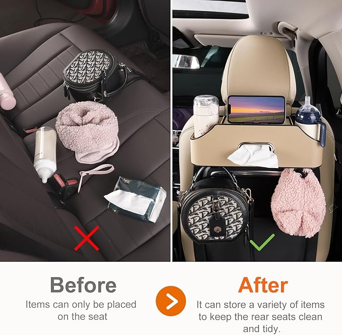 Sancaral Car Rear Backseat Extra Multifunctional Drink Cup Holder Organizers With Tissue Storage Box Organizer & Hooks For Car Seat Back.Beige