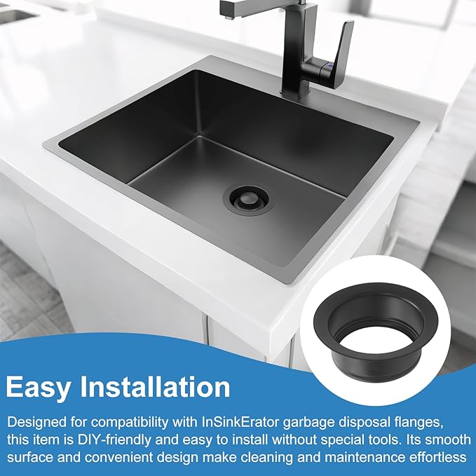 Black Garbage Disposal Sink Flange for InSinkErator, FLG-MTBLK Kitchen Sink Garbage Disposal, Garbage Disposal Stopper, 3-1/2 Inch Universal Stainless Steel Flange - 1 Pack