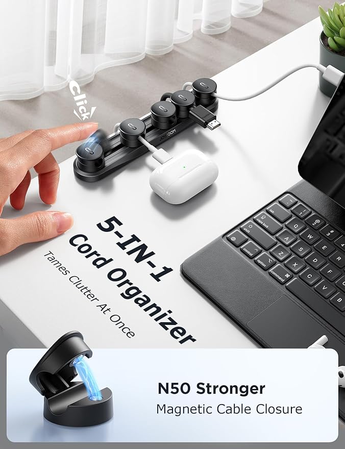 5-in-1 Magnetic Cord Organizer JOYROOM Cable Clips [Adjustable Sliding Track] Under Desk Adhesive Cord Management Wire Keeper for Computer, Phone, Office Workspaces, Table Organization, Home Accessories