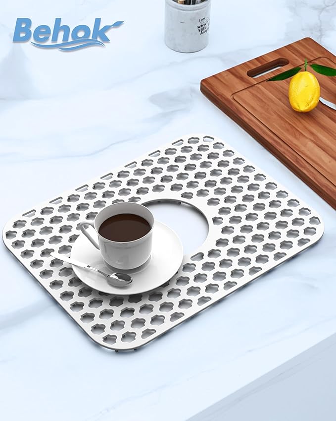 BEHOK Silicone Sink Protector for Kitchen Bathroom Sink, 2 Pack 13.58"x 11.6" Heat-resistant Mat, Non-Slip and Durable Silicone Protectors, Center Drain (White)