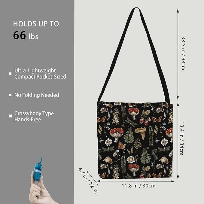 BeeGreen Mushrooms Ultimate Crossbody Tote Bag - Reusable Grocery Shopping Bag - Foldable Compact Portable Lightweight Duffle Bags