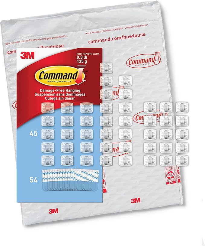 Command Indoor Mini Light Clips, 45 Clear Clips and 54 Command Strips, Damage Free Hanging Christmas Decorations, Wall Clips for Hanging Lights and Cable Management, Holds up to 0.3 lb