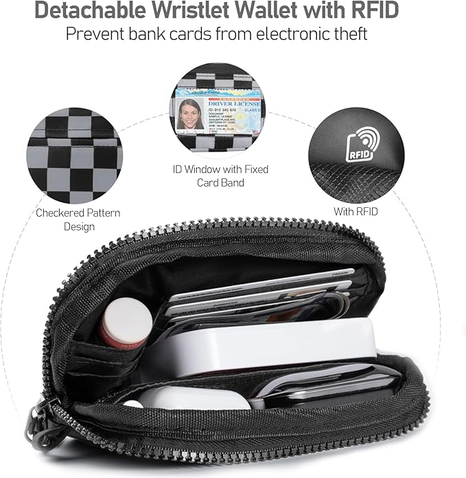 Clip and Go Strap for Phone with Wallet Crossbody Phone Lanyard and Detachable Checkered Bag with ID Window and RFID Pouch for Daily Travel.