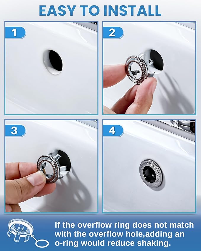 2 Pack Sink Overflow Ring, WOWOW Bathroom Kitchen Sink Basin Trim Copper Overflow Cover Hole Insert Cap, Vanity Sink Trim Rings (Chrome)