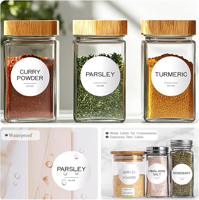 245 Spice Jar Labels - Round Preprinted Minimalist Waterproof Stickers for Kitchen Jars, Herb & Seasoning Labels for Pantry Organization (White)