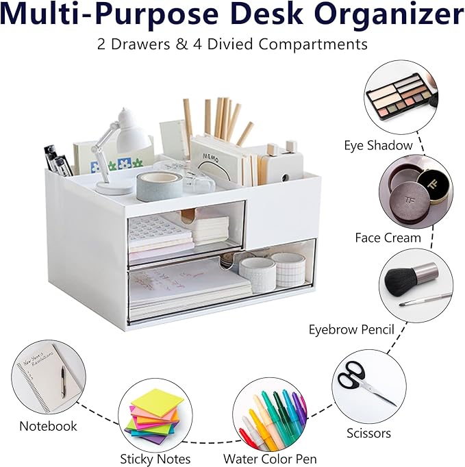 Desk Drawer Organizer, Desk Storage Box with 2 Drawers and 4 Compartments, Multifunctional Desk Accessories & Countertop Organizers for Office School Home (White）
