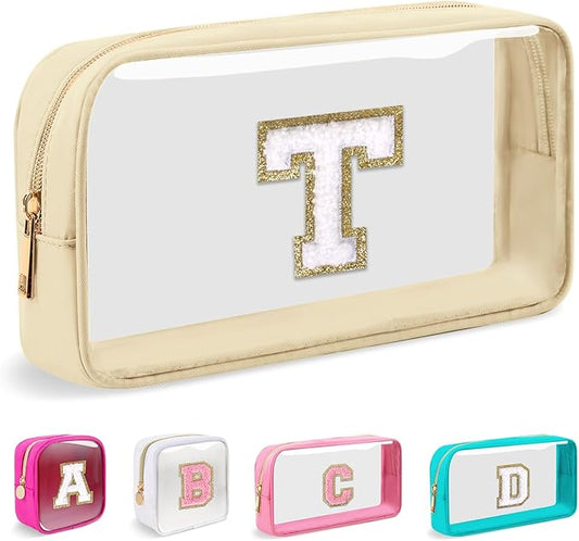 Small Clear Personalized Initial Makeup Bag, Preppy Nylon A-Z Chenille Letter Patch Makeup Organizer TSA Approved Travel Toiletry Bag,Waterproof Zip Beach Cosmetic Pouch Purse for Women(Beige-White T)