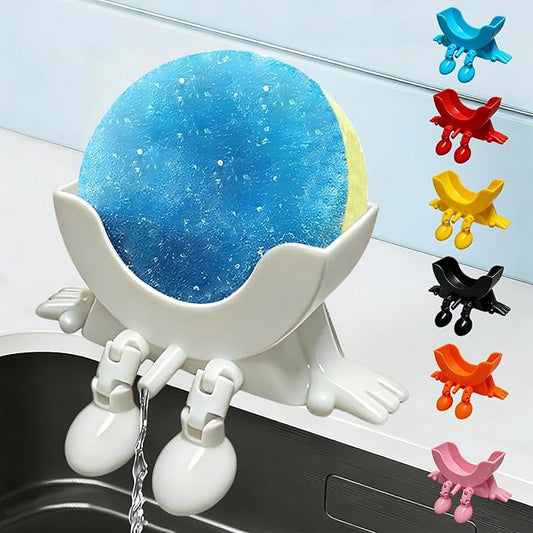 Cute Hanging Sponge Holder with Drainage,3D Printed Kitchen Funny Sponge Stand for Sink,with non-slip pads,Suitable for Scrub Daddy Holder,Keeps Your Sponge Dry Smiling (White)