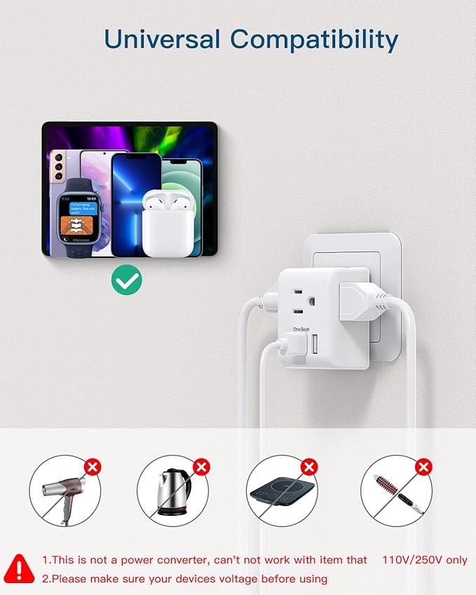 1 Pack European Travel Plug Adapter, Italy Spain Power Plug Adapter with 3 Outlets 3 USB Charging Ports (1 USB C), Type C Plug Adapter Travel Essentials to Most Europe EU Spain Italy France Germany