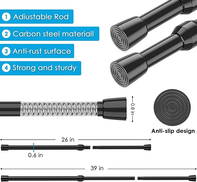 4Pcs Tension Curtain Rod 26-39 inch Spring Tension Rods Black Tension Rods Adjustable Spring Rod Extendable Tension Rod For Kitchen, Bathroom, Window, Bookshelf,Closet.