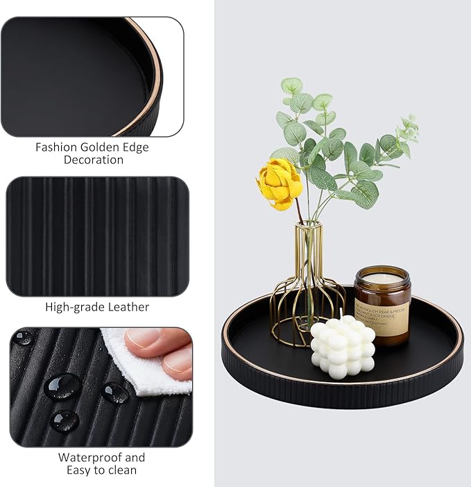 KINGFOM Round Tray for Coffee Table, PU Leather Valet Nightstand Desk Organizer for Men Women, Golden Trim Tray for Home Decor Living Room Dining Table, Perfume Trays Nightstand Organizer Black