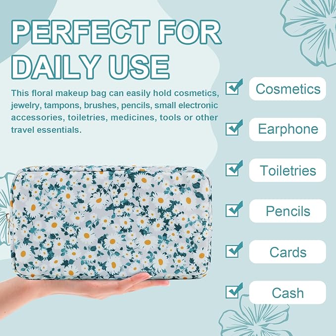 Waterproof Small Floral Makeup Bag Pouch for Purse,Nylon Flower Cosmetic Bag Preppy Travel Toiletry Storage Bag for Women Girl,Cute Makeup Organizer Bag Skincare Bag with Zipper(Small Green-Daisy)