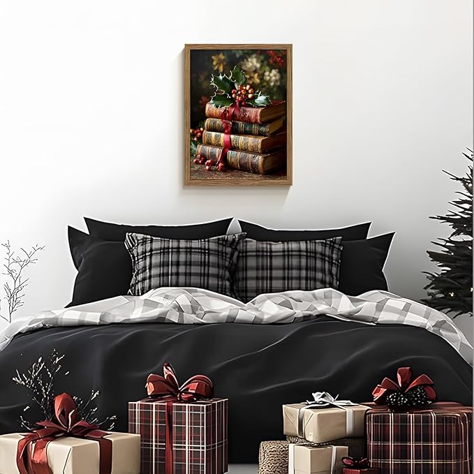Vintage Christmas Books Canvas Wall Art Framed, Dark Academia Pictures Wall Decor, Rustic Xmas Bookish Decor, Moody Paintings Prints, Winter Navidad Artwork for Home Library Reading Room 12x16 Inch