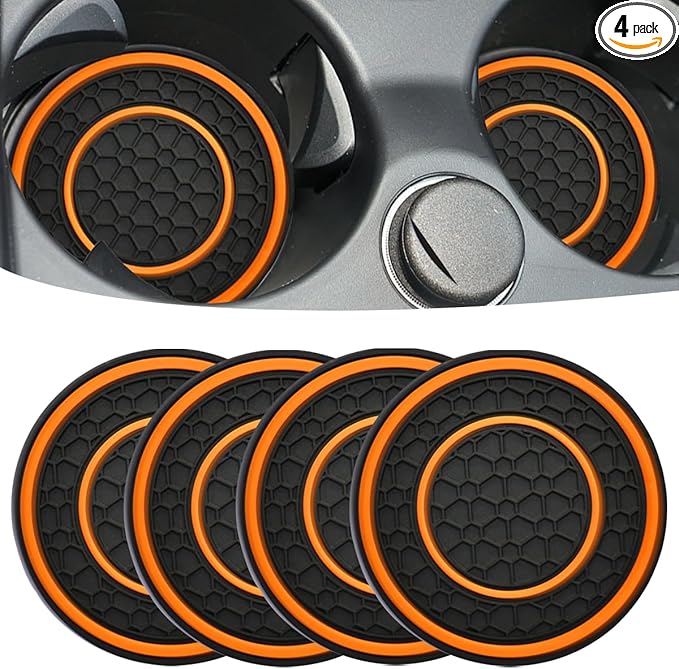 Car Cup Coaster Universal Automotive Waterproof Non-Slip Cup Holders Sift-Proof Spill Holder Car Interior Accessories 4 Pack Black & Orange
