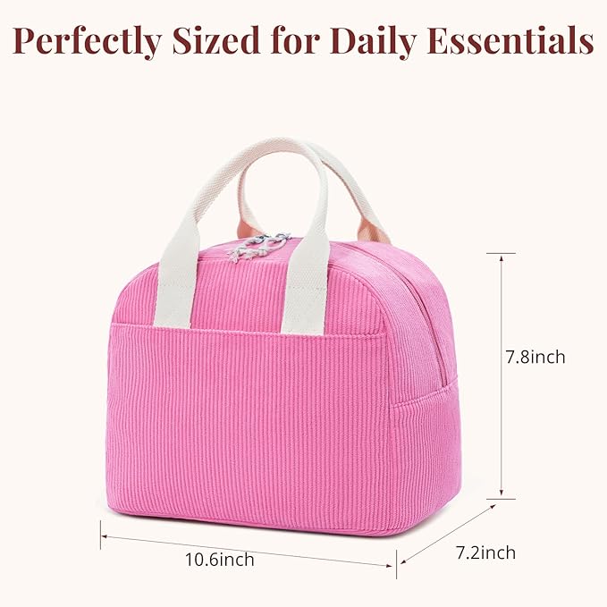 LOVELYWIND Insulated Vintage Pink Lunch Bag for Women, Stylish Corduroy Tote with Aluminum Lining, Large Capacity Reusable Cooler for Work, Travel, or Beach, Beige Cream Water-Resistant Lunch Box