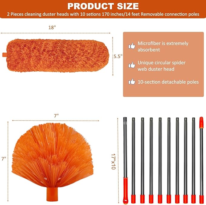 20 Feet High Reach Duster Kit with 2-14 ft Extension Pole, Cobweb & Corner Brush Cleaning Duster Kit for Cleaning, Microfiber Feather Duster Cleaner with Washable Head for Ceiling Fan, Furniture, Home