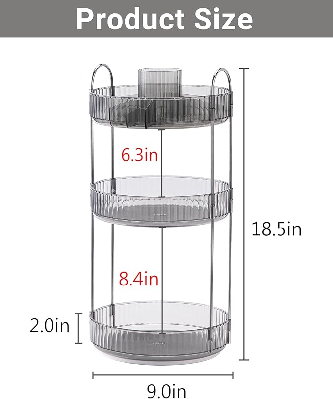 360 Rotating Makeup Organizer, 3-Tier Large Capacity Makeup Organizers and Storage, Skincare Perfume Vanity Organizers, Bathroom Cosmetics Storage Organizer Countertop (Grey)