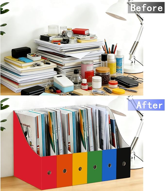 Limitliho Magazine File Folder Holder for Desk, Book Bins for Classroom Library,Office,Home, 10.6" H x 10.2" L x 3.5" W in Cardboard Paper Organizer (Red, 2 Pack)