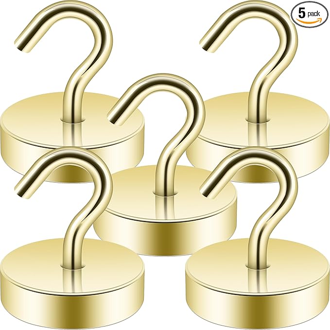 Neosmuk Magnetic Hooks, Cruise Ship Essentials, 80lb+ Heavy Duty Magnetic Hooks for Cruise Cabins, Refrigerator, Grill, Hanging, and Travel | Extra Strong Must-Have Magnet Hook, Gold, 5 Pack