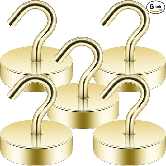 Neosmuk Magnetic Hooks, Cruise Ship Essentials, 80lb+ Heavy Duty Magnetic Hooks for Cruise Cabins, Refrigerator, Grill, Hanging, and Travel | Extra Strong Must-Have Magnet Hook, Gold, 5 Pack