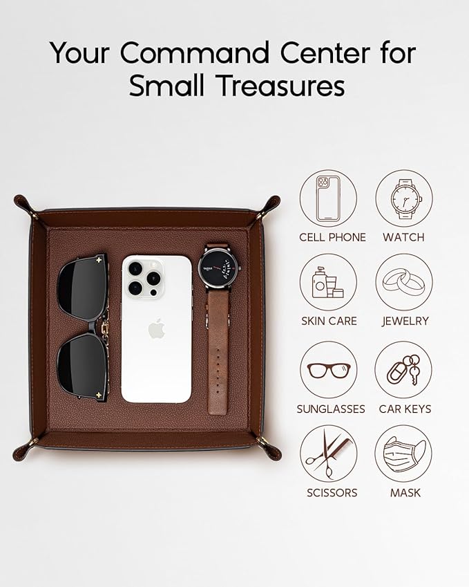 Valet Tray for Men Women, Nightstand Organizer Vanity Catchall Holder for Dresser Desk Storage Bedside, Travel PU Leather Jewelry Key Bowl Coin Watches and Candy Entryway Tray - Large, Brown