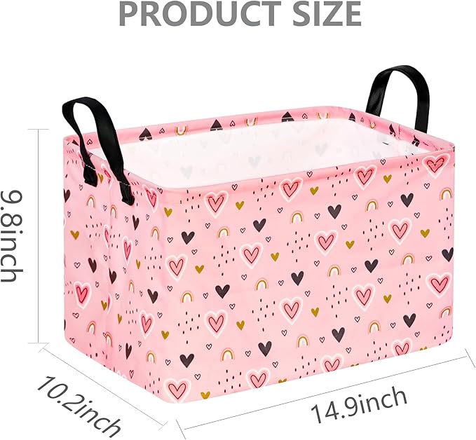 Rec Pink Heart Print Box Hamper Storage Basket Collapsible Organizer Bin Gift Shelf Baskets for Home and Kitchen Storage