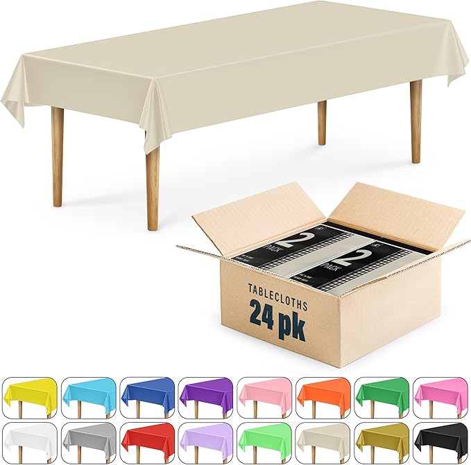 DecorRack 24 Pack Rectangular Tablecloths BPA-Free Plastic, 54 x 108 inch, Dining Table Cover Cloth for Parties, Picnic, Camping and Outdoor, Disposable or Reusable in Ivory (24 Pack)