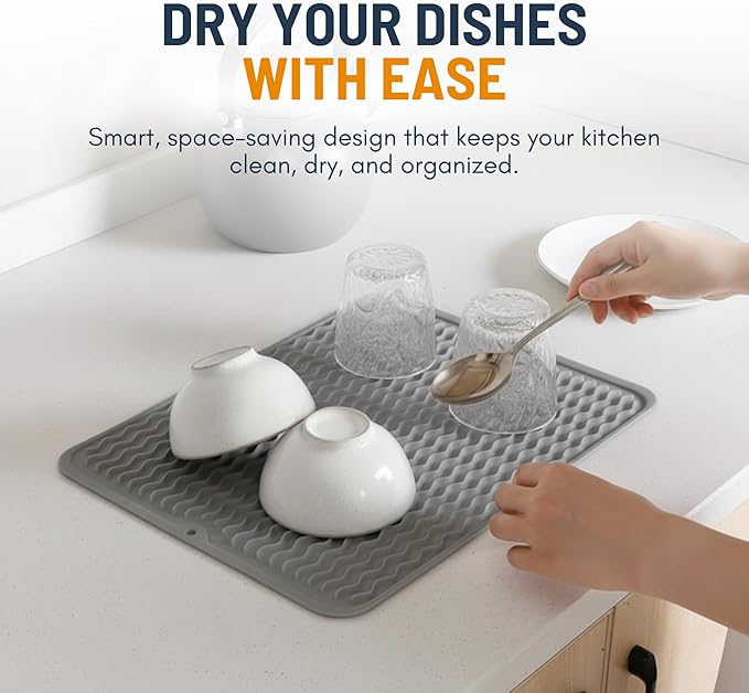 Silicone Dish Drying Mat for Kitchen Counter - Multi-Use 16 x 12 Inch Pad, Non-Slip & Heat-Resistant, Perfect Dish Drainer Mat by Linda’s Essentials, Ideal Kitchen Accessory (Gray)