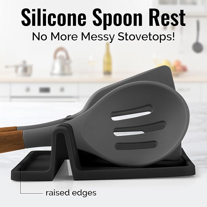 Zulay Kitchen Silicone Utensil Rest with Drip Pad for Multiple Utensils - BPA-Free, Heat-Resistant Spoon Rest & Spoon Holder for Stove Top - Kitchen Utensil Holder for Ladles & Tongs - Black