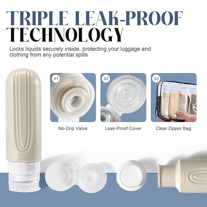 Travel Bottles for Toiletries, 3oz TSA Approved Travel Size Toiletries, Silicone Leak-Proof Refillable Containers, Squeezable Liquid Essentials Bottles W/Clear Bag (CREAM)